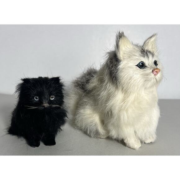 2 Vintage Real Rabbit Fur Cats Kittens Black Lifelike Miniature Cat Kitten - Picture 7 of 11